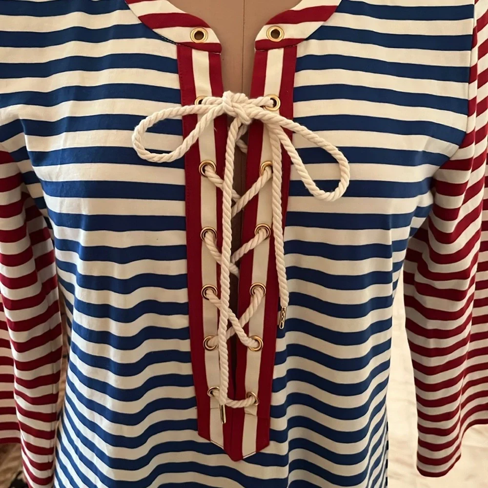 J. CREW Sammie Nautical Beach Baltic Stripe Lace Up 3/4 100% Cotton R/W/B Midi M